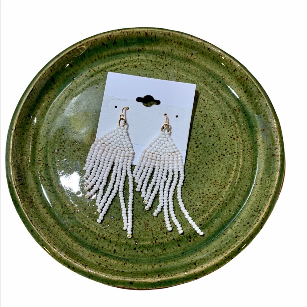 White Bead Fringe Earrings